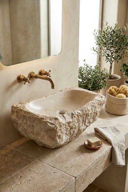 حوض مغسلة حجري طبيعي خام – 33×63 سم